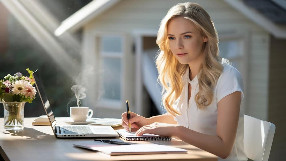 Блокнот с финансовым планом, ручка и чашка кофе на деревянном столе