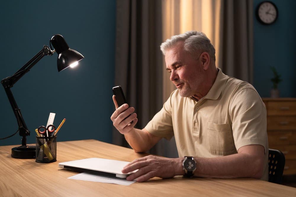 Мужчина и женщина сидят за одним столом в свете лампы, каждый смотрит в свой экран — метафора параллельного одиночества в паре